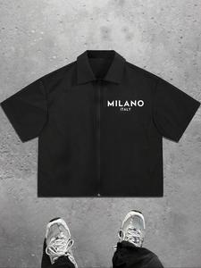 Men's Letter Print Zipper Shirt, Regular Fit Casual Shortsleeve Collared Top for Summer, Casual Minimalist Fashion Business Casual Men's Clothes for Daily Wear, Menswear, Chic Fashion Casual Fit Shirts Men, Casual Comfy Shirt