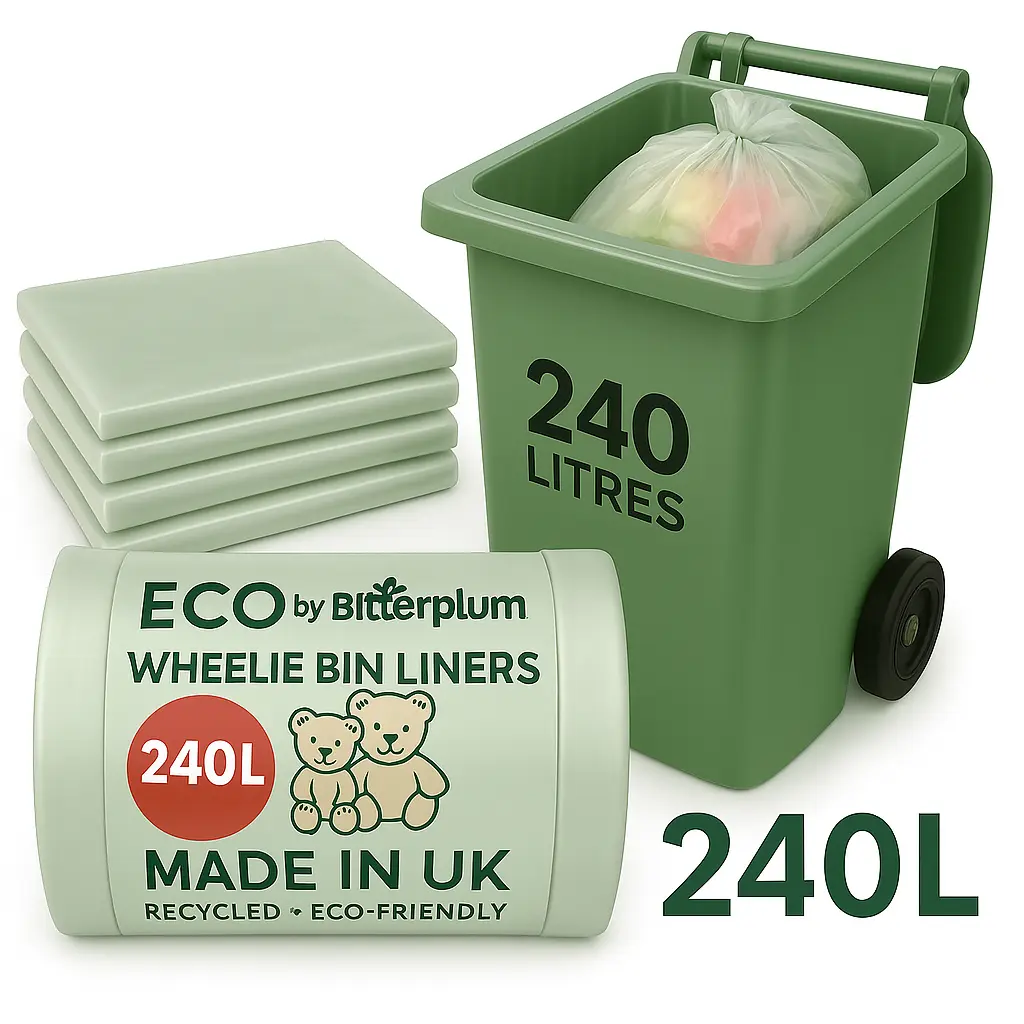 Bitterplum 240L Clear Wheelie Bin Liners – Heavy Duty Large Bin Bags | Transparent Eco Rubbish Sacks | Recycled | 10/20/50/100 Pack | Made in UK