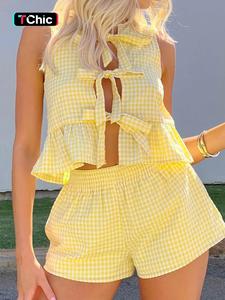 Women's Plaid Print Bow Crop Top & Shorts Two-Piece Set, Casual Fashion Butterfly Sleeve Top & Shorts for Daily Outdoor Wear, Ladies Summer Clothes