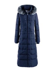 Women's Contrast Faux Fur Zipper Padded Shirred Hooded Coat, Elegant Button Front Long Sleeve Thermal Coat, Women's Winter Clothing for Fall & Winter