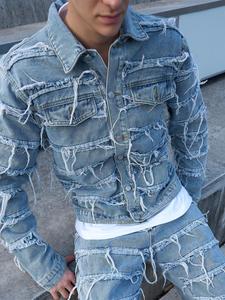 Men's Denim Jacket, Casual Ripped Design Long Sleeve Open Front Outerwear for Daily Wear, Fashion Men's Clothes for All Seasons, Coats, Cotton, Longsleeves