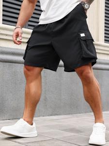 Men's Plus Size Solid Flap Pocket Cargo Shorts, National Day Clothing, Casual Elastic Waist Shorts for Daily Outdoor Wear, Plus Size Men's Bottoms for All Seasons