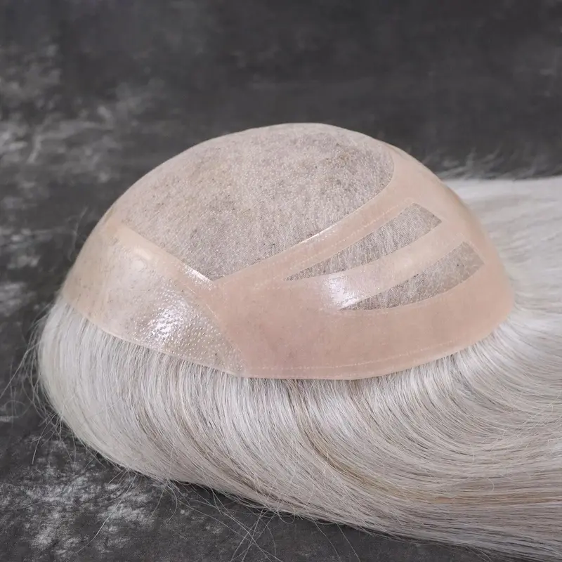Toupee Male Wig  Grey White Color Mono Poly PU CC Base Human Hair System Prosthesis #590 8X10 Can Custom 1