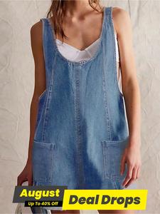 Women's Solid Color Denim Overalls, Casual Comfy Breathable Fabric Fitted Sleeveless Overalls for Daily Wear, Ladies Clothes for Spring & Summer, Womenswear, Dungarees, Basic Denim Rompers, Blue