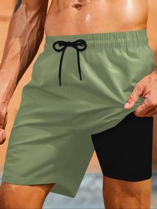 Sporty Men's 2-IN-1 Drawstring Waist Beach Shorts, Sport Pocket Design Quick Drying Shorts, Men's Beach Shorts for All Seasons