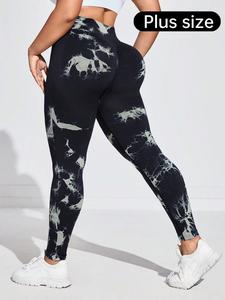 【Plus Size】Tie Dye Ruched Sports Tummy Control Leggings, Comfort and Durability High Stretch Yoga Leggings, Ladies Sportswear for Indoor Outdoor Wear