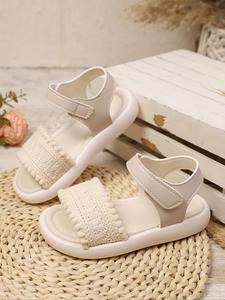 Girl's Solid Color Velcro Design Beach Slides Sandals, Casual Comfortable Children Flat Woven Strap White Lightweight Sandals for Beach Outdoor, Fashionable Summer Shoes for Kids