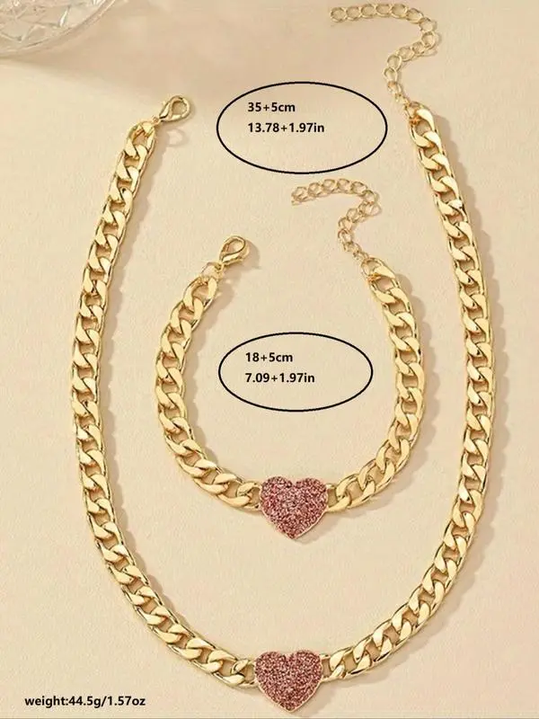 Women's Elegant Rhinestone Decorated Heart Design Necklace & Bracelet Set, Exquisite Trendy Chain Design Jewelry Set, Fashionable Jewelry Set As Gift for Women Gifts For Girlfriend, Valentine's Day, Gift 7