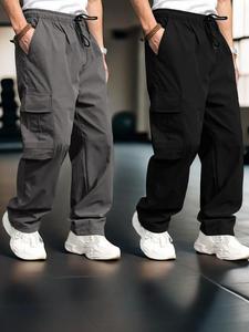 Men's Solid Flap Pocket Drawstring Waist Cargo Pants, Casual Street Pants for Daily Wear, Woven Bottoms for All Seasons