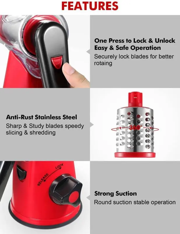 Rotary Cheese Grater, Vegetable Slicer with Three Drum Blades, Grater for Kitchen Faster and Easy Cutting, Rotary Drum Grater Ideal for Cheese, Cucumber, Carrot, Nuts, etc. Traditional Utensils 7