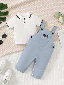 Baby Boy's Solid Short Sleeve Polo Shirt & Overalls Set, Casual Two-piece Outfits for Summer, Newborn Infant Kids Clothes for Daily Wear