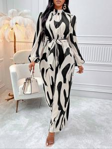 Women's Loose-Fit Belted Bubble Sleeve Jumpsuit, Fall & Winter Woven Fabric Casual, Zipper Design One-Piece Long Pants Set