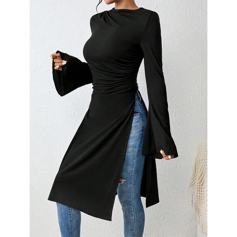 Women's Plain Ruched Flounce Sleeve Dress, Elegant Long Sleeve Round Neck Dress for Party Holiday Wedding Guest, Ladies Clothes for All Seasons 2