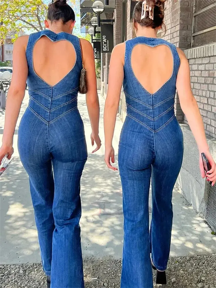 TARUXY Backless Heart Cutout Bodycon Jumpsuit For Women Casual Sleeveless Slim One-Piece Outfits Retro Denim Jumpsuits New 2025 bodysuit  tomboy Womenswear Feminine Overalls Style