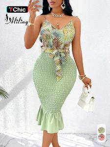 Aliling Women's Leaf Print Mermaid Dress, Elegant Sleeveless Cami Dress for Party Holiday Wedding Guest, Ladies Summer Clothes