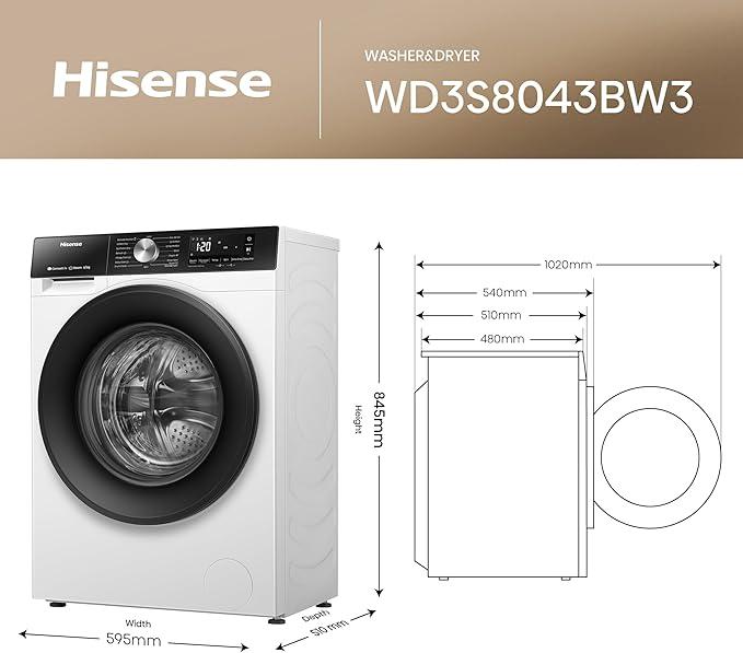 Hisense 3S Series WD3S8043BW3 Wifi Connected 8Kg / 5Kg Washer Dryer with 1400 rpm - White - A/D Rated [Energy Class D] 1