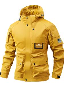 Men's Letter Patched  Pocket Zipper Jacket,   Casual Windproof Waterproof Long Sleeve Outerwear for Spring & Fall, Fashion Men's Clothes for Outdoor Activities, Menswear