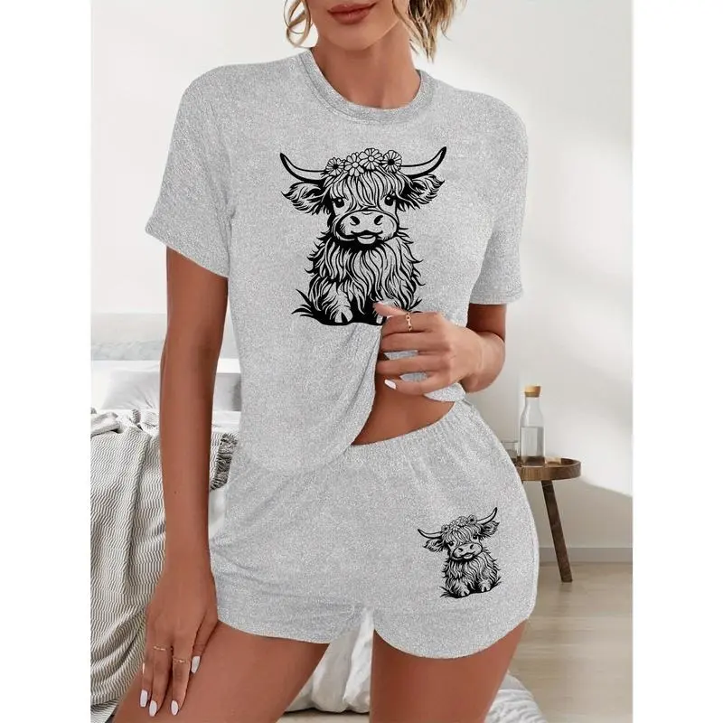 Women's Highland Cow Print Two-Piece Set - Casual Black Short Sleeve T-Shirt & Elastic Waist Shorts, Polyester, Machine Washable