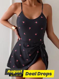 Women's Floral Print Knot Front Wrap Swimsuit, Casual Backless Swimdress for Summer, Fashion Women's Swimwear for Beach Holiday Vacation, Swim Bodysuit, Clothes for Women, Sea Fancy Swimsuits, Swimdress Bathing Suits, Spaghetti Strap Swimdress Swimming
