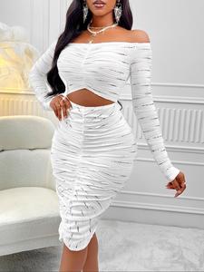 Women's Off The Shoulder Ruched Cut Out Bodycon Dress, Sexy Fashion Long Sleeve Hollow Out Knee Length Dress for Party Club Dating Wear, Ladies Dress for All Seasons, Womenswear