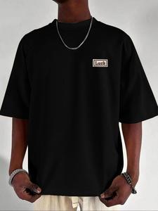 Men's  Solid Color Letter Patched Round Neck Tee, Loose Casual Comfortable Breathable Short Sleeve Crew Neck T-shirt for Summer, Fashion Men's Top for Daily Wear