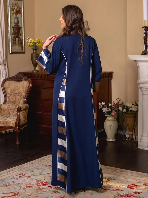 Ramadan-Muslim Elegant V-Neck Embroidered Stripe Kaftan Dress - Modest Long Sleeve Maxi for Women, Polyester, Machine Washable 2