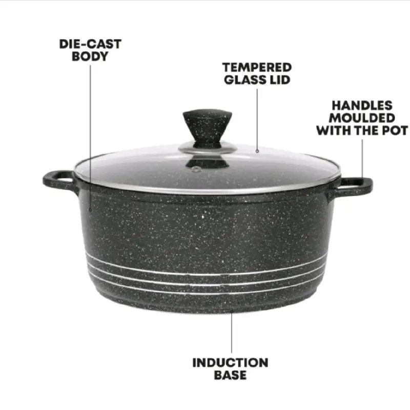 GRACE Die - Cast Stockpot Set Alminium Non Stick Coating Cooking Pot with Tempered Glass Lid With Steam Vent Cookware Kitchen Aluminium stainless steel Lightweight Oil Pasta 3