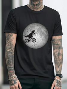 Men's Cartoon Dinosaur & Moon Print Round Neck Tee, Loose Casual Trendy Short Sleeve T-shirt for Summer, Men's Top for Daily Wear