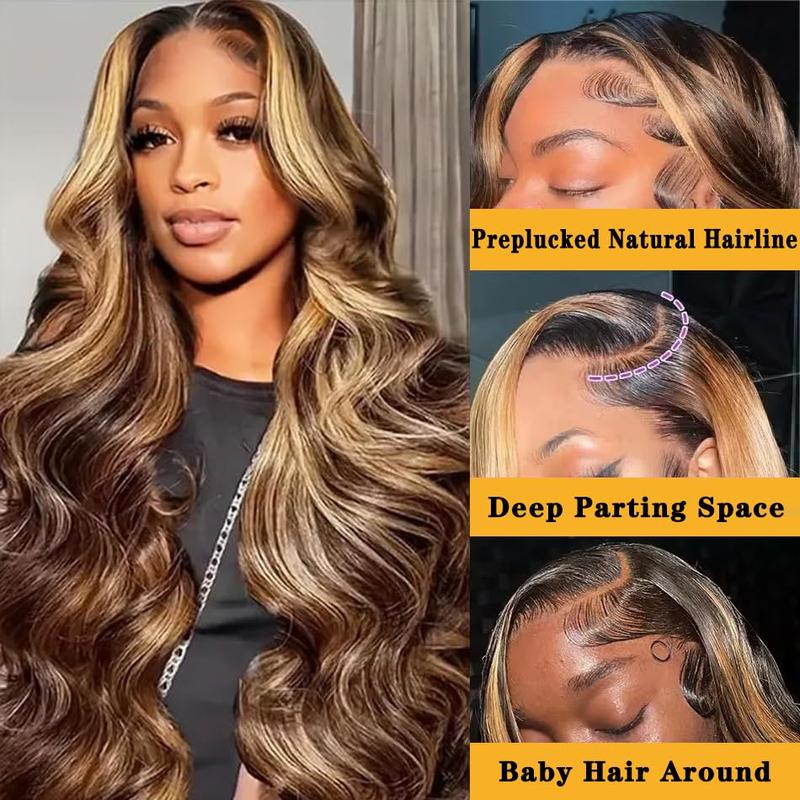 Wigs for you30 Inch Honey Blonde Ombre Lace Front Wig Human Hair Highlight Body Wave Lace Front Wigs Human Hair Pre Plucked 180 Density Glueless 13X4 HD Lace Frontal Wig for Women 4/27 Colored 1