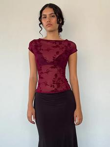 Women's Plants  Print Sheer Mesh Top, Y2k Vintage Trendy Casual Short Sleeve Top for Summer, Women's Clothing for Daily Wear