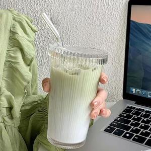 Glass Cup with Lid & Straw, 375ml Simple Coffee Drinking Mug, Clear Water Bottle for Home Office