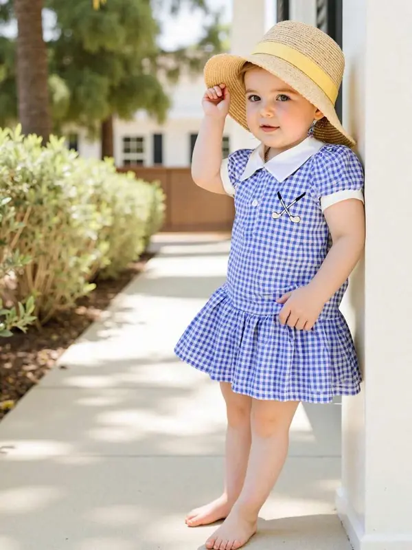【Buy 1 with free gift】 Toddler Girl Summer Plaid Dress Lapel Short Sleeves Golf Club Embroidery A Line Dress 6