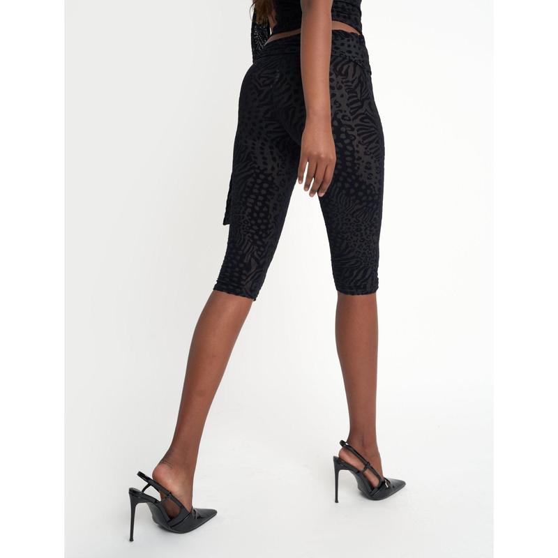 Knot Detail Tie Side Leopard Devore Capri Pants Black 2