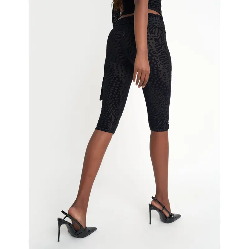Knot Detail Tie Side Leopard Devore Capri Pants Black 2