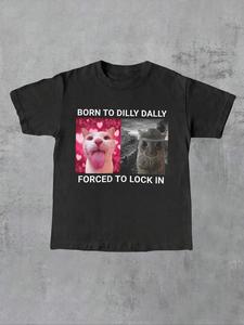 Men's Regular Fit Letter & Cat Print Round Neck Graphic Tee, Street Fashion Casual Short Sleeve T-shirt for Daily Wear, Men's Summer Clothes