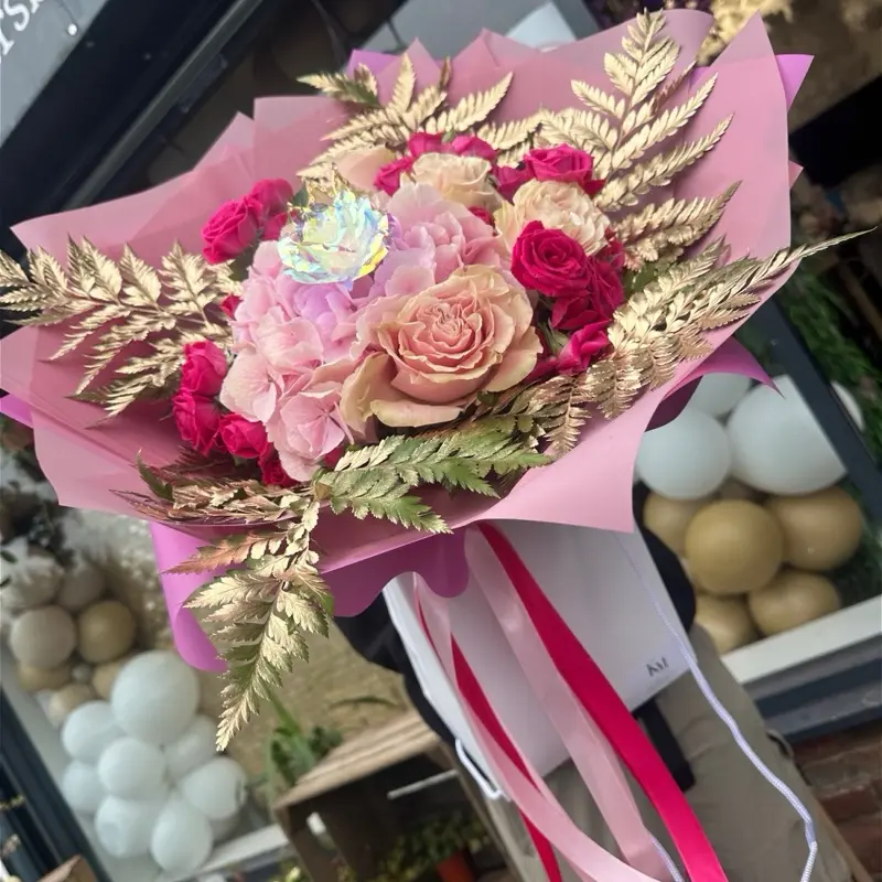 Heidi Fresh Flowers - Hydrangea, Soft Pink Roses and Spray Roses with Gold Leaf Edge - Decor, Decorative