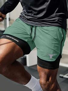 Men's Regular Fit Bull Head Print Gym Shorts, Breathable Quick Drying Shorts for Gym Workout Running, Casual Sporty Shorts for Summer