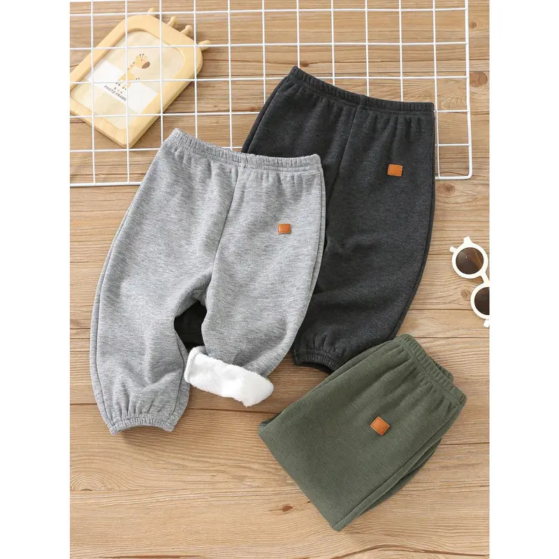 3pcs Baby Boy Casual Solid Color Thermal Lined Elastic Waist Pants, Suitable For Autumn/Winter 0