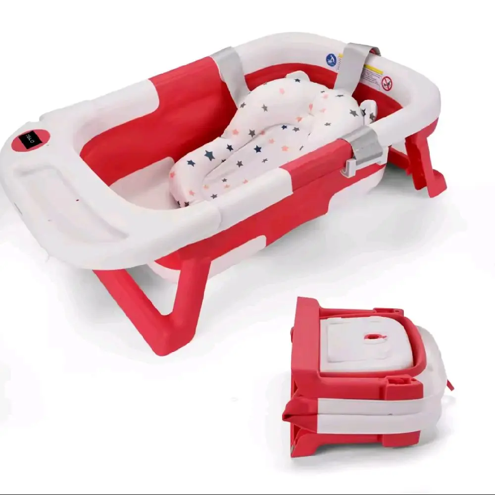 Baby Bathtub with Soft Cushion & Thermometer for Newborn to Toddler 0-36 Months - Portable Travel Baby Tub