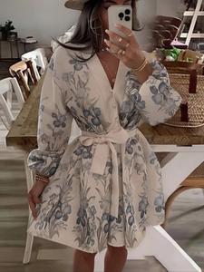 Women's Floral Print Tie Waist Dress, Elegant Boho V Neck Bishop Sleeve Dress, Women's Spring & Fall Clothing, Classy Modest Dresses, Formal Dresses Women