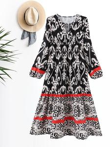 Women's Patchwork Ethnic Pattern Tiered Ruffle Smock Dress, Boho Bishop Sleeve Tie Neck Long Dress for Beach Holiday Vacation, Ladies Clothes for All Seasons