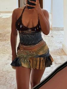 Two-Piece Set Women's Halter Neck Crop Top & Tie Dye Print Ruffle Hem Skirt, Backless Cut Out Top & High Waist Skirt, Ladies Summer Clothes for Beach Holiday Vacation