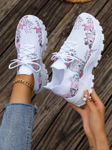 Women's Fashionable Floral & Skull Pattern Lace Up Sneakers, Casual Comfortable Breathable Sports Running Shoes, All-match Basic Trainer for Daily Wear