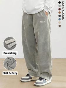 Men's Loose Letter Patched Drawstring Waist Straight Leg Pants, Unisex Casual Pocket Corduroy Trousers for Daily Wear, Lounge wear National Day Clothing, Fashion Men's Bottoms for All Seasons