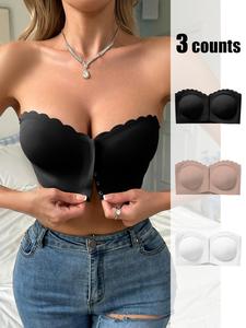 Women's Solid Scallop Trim Hook & Eye Front Wireless Casual Bandeau Bra, Comfortable Breathable Seamless Strapless Bralette for Daily Wear, Lingerie Top for All Seasons