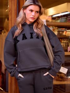 Kaiia Slogan Oversized Hoodie Dark Grey