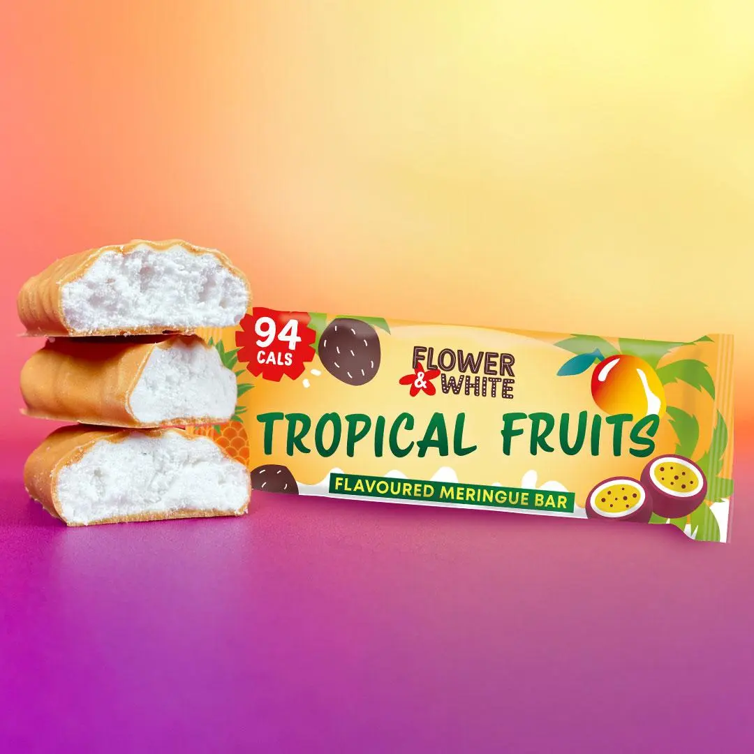 Flower & White Tropical Fruits Meringue Bar (10 x 20g) - 96 Calories Per Bar, Vegetarian, Gluten-Free