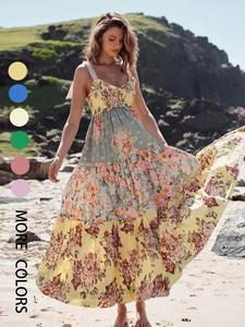 Women's Floral Print Ruffle Trim Tiered Layer Dress, Boho Fashion Casual  Sleeveless A Line Dress for Daily Holiday Vacation Wear, Ladies Dress for Summer