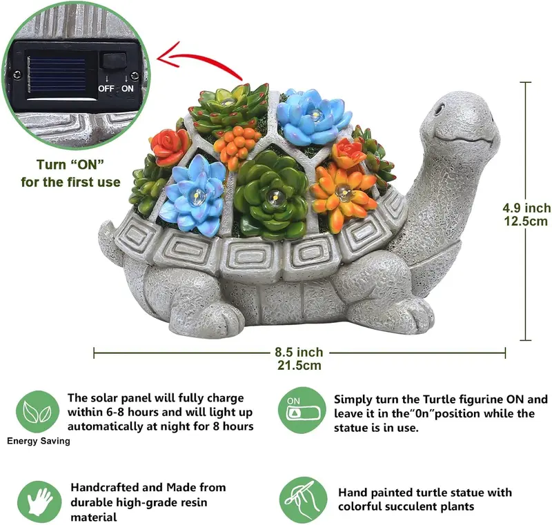 Solar-Powered Turtle Garden Ornaments with LED Lights & Succulent Accents - Outdoor Decor for Patio, Balcony, Yard - Birthday Gifts for Women, Mum, Unique Tortoise Statue Housewarming Ideas 3