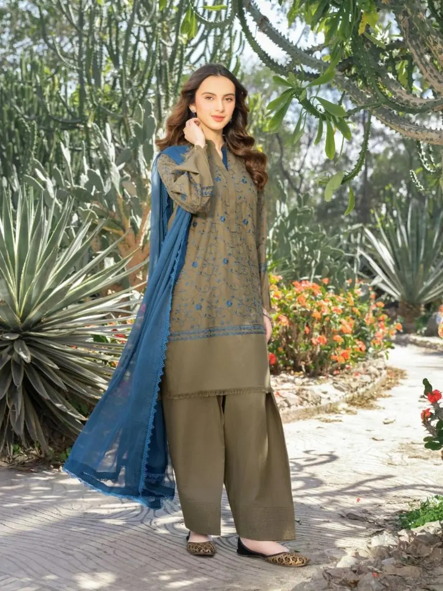 Mahnoor 3 piece lilen Embroidered Farshi suit chiffon duppata Womenswear